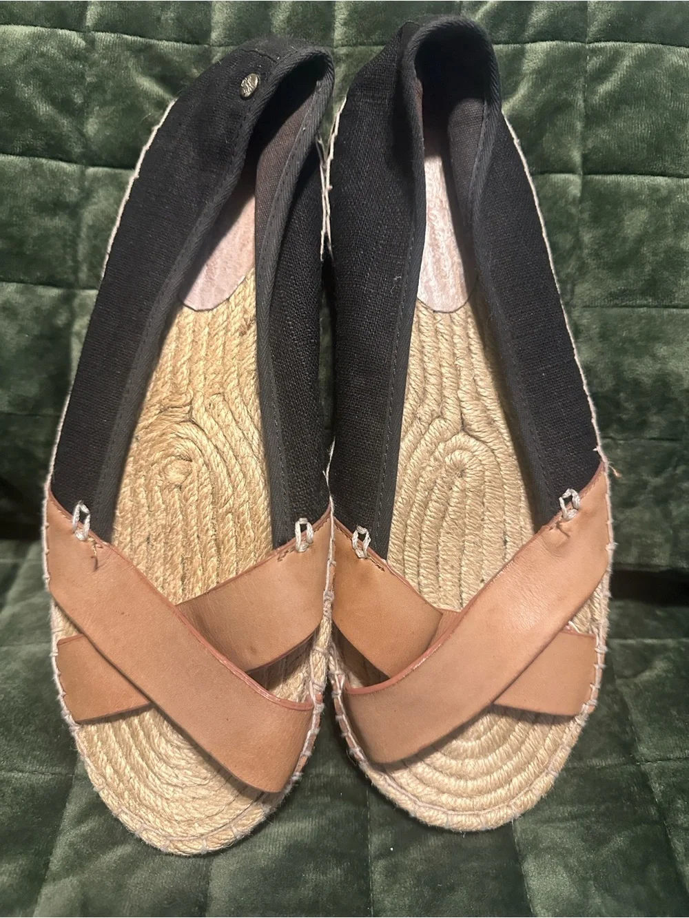 Tommy Bahama Black Canvas & Tan Leather Crossover Espadrille Flats
